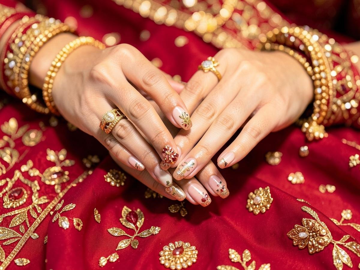 Bridal 3D Nail Art with Gold Foils